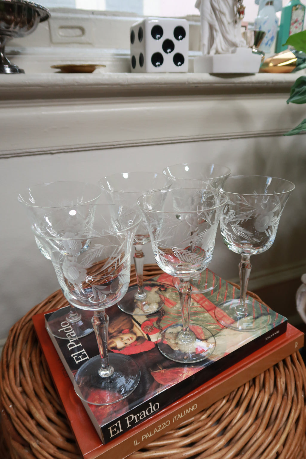 Set of six vintage etched floral stemmed cocktail glasses by Elektra Vintage, featuring intricate floral patterns and elegant design.