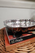 Vintage silver plate divided serving tray with scalloped edge and ornate feet, featuring intricate detailing by Elektra Vintage.