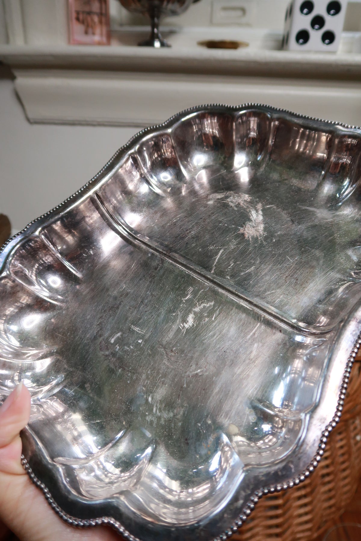 Vintage silver plate divided serving tray with scalloped edge and ornate feet by Elektra Vintage, showcasing intricate design details.