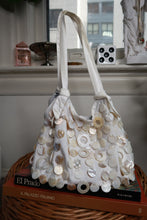Load image into Gallery viewer, Vintage Y2K Cream Satin Beaded Mother of Pearl Shell Shoulder Bag Purse
