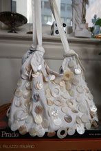 Load image into Gallery viewer, Vintage Y2K Cream Satin Beaded Mother of Pearl Shell Shoulder Bag Purse
