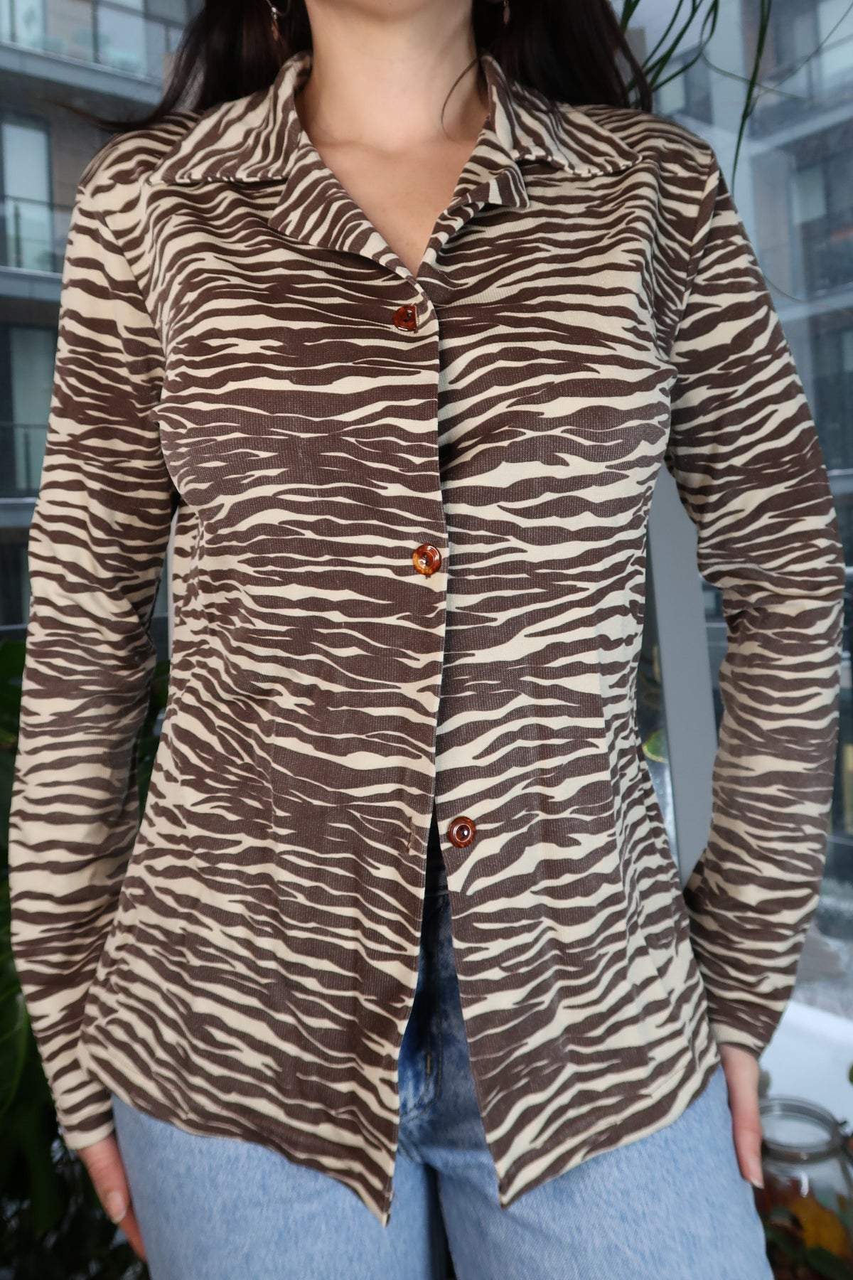 Vintage Brown Zebra Print Button Up Shirt