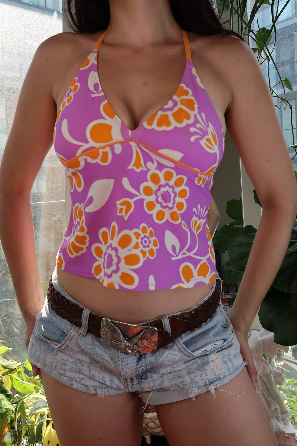 Vintage Y2K Pink & Orange Floral Halter Top