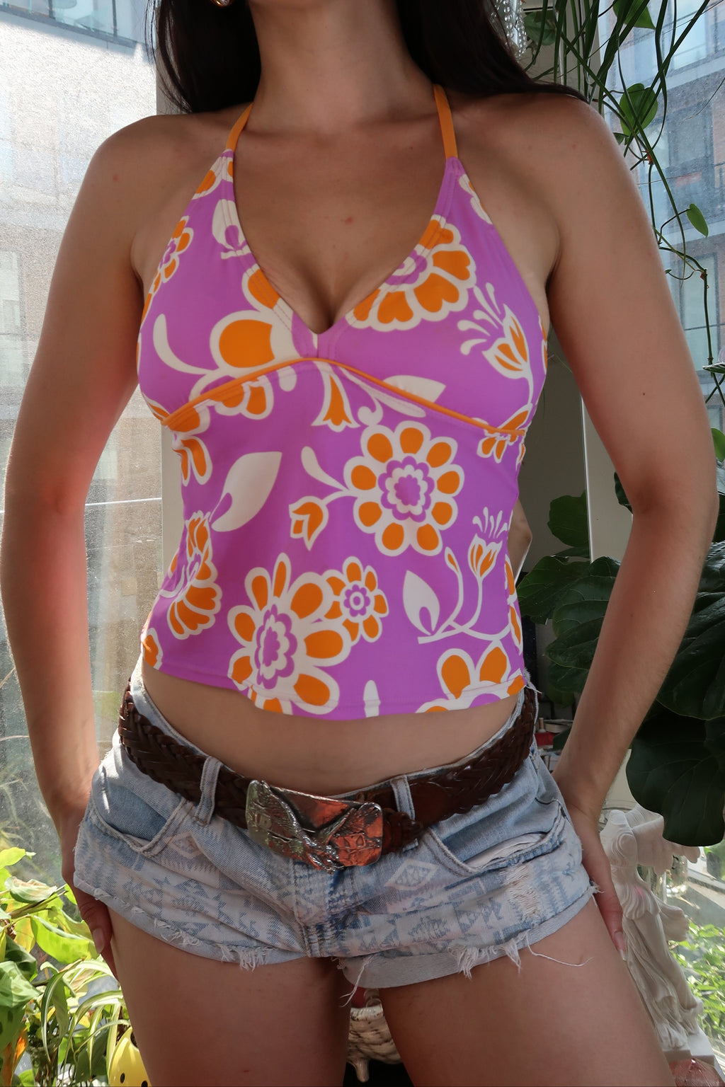 Vintage Y2K Pink & Orange Floral Halter Top
