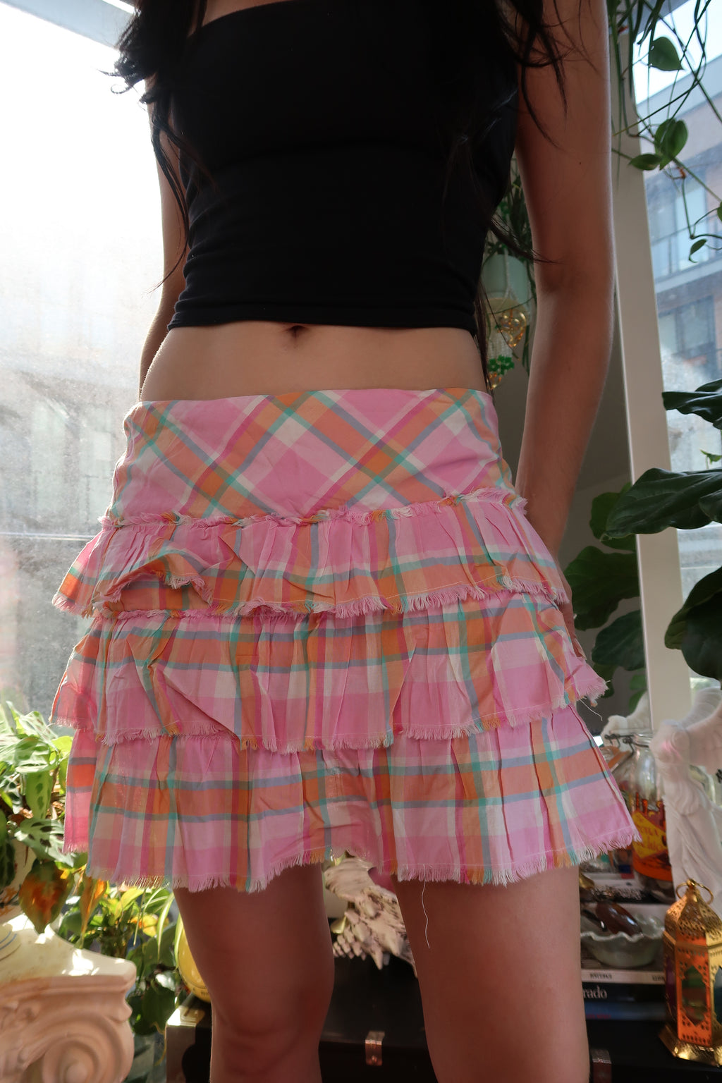 Pink plaid ruffle mini skirt by Elektra Vintage, vintage 2000s Y2K tiered preppy skirt, styled with ruffles and a high waist.