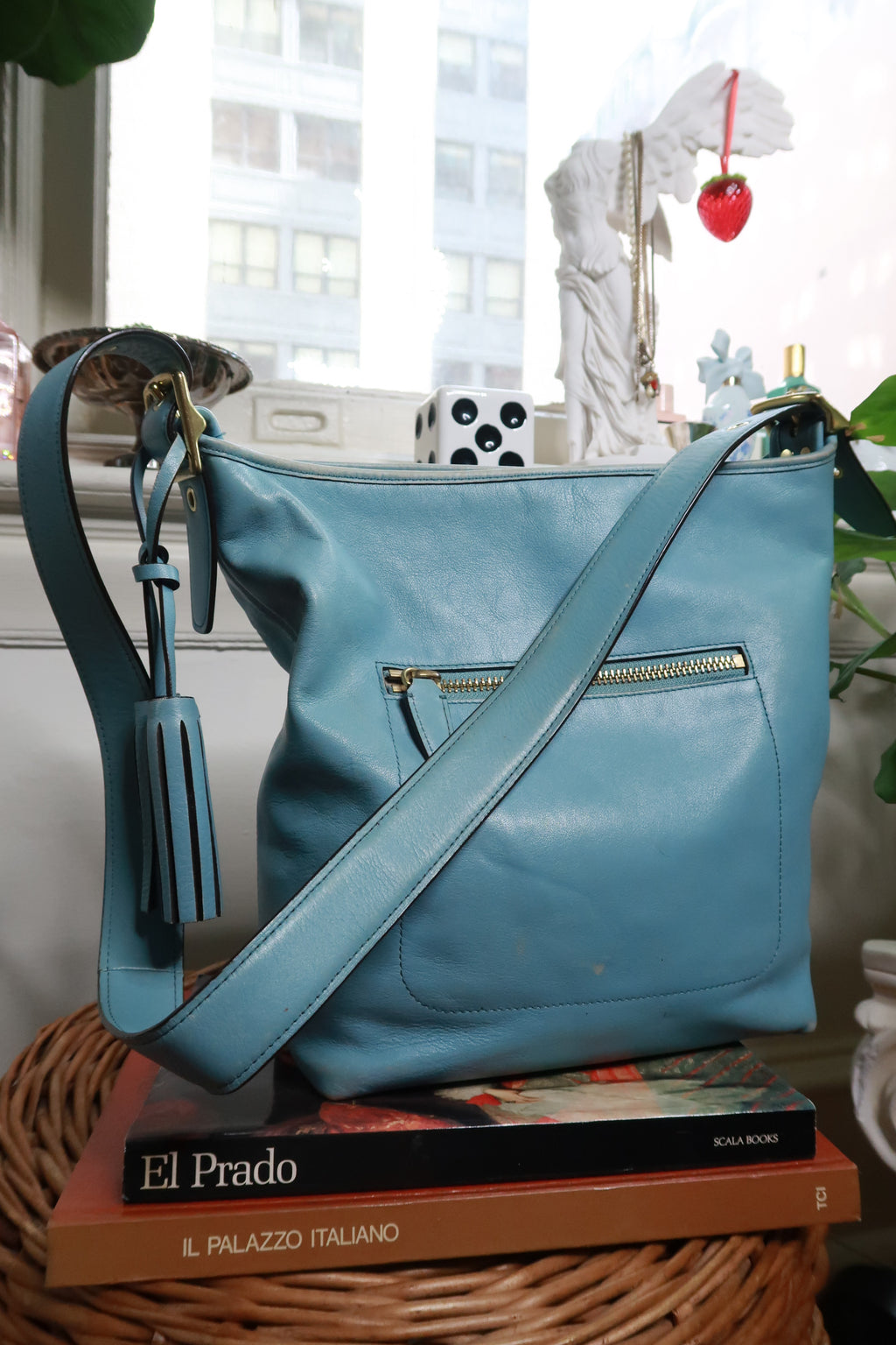 Vintage Coach 19889 Blue Leather Legacy Tassel Bag with tassel details and structured design, crafted by Elektra Vintage.