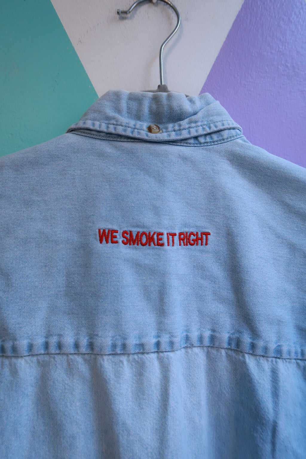 Men's vintage 2000s cowboy Santa Fe embroidered denim button-up shirt with long sleeves by Elektra Vintage.