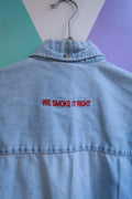 Men's vintage 2000s cowboy Santa Fe embroidered denim button-up shirt with long sleeves by Elektra Vintage.