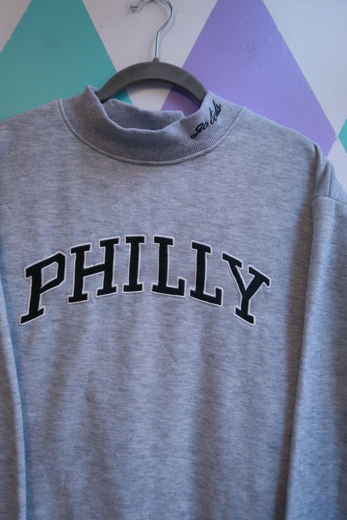 Gray men's mock neck sweatshirt by Elektra Vintage featuring embroidered Philly Go Birds design and a cozy crewneck pullover style.