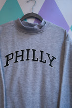 Load image into Gallery viewer, Gray men's mock neck sweatshirt by Elektra Vintage featuring embroidered Philly Go Birds design and a cozy crewneck pullover style.
