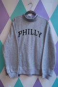 Gray men's embroidered mock neck sweatshirt by Elektra Vintage featuring a Philadelphia Go Birds design and crewneck pullover style.