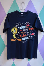 Load image into Gallery viewer, Men's vintage navy graphic T-shirt featuring Tweety Bird and "Blah Blah Blah" text from Elektra Vintage, Looney Tunes style.
