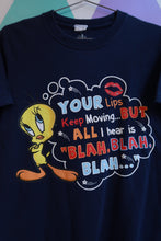 Load image into Gallery viewer, Men's vintage navy Y2K Tweety Bird "Blah Blah Blah" graphic T-shirt by Elektra Vintage, featuring Looney Tunes character print.
