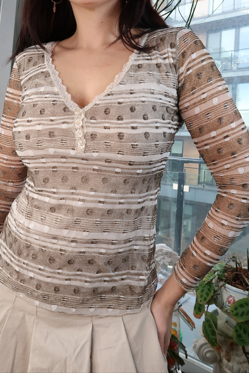 Vintage Neutral Polka Dot Mesh Long Sleeve Top
