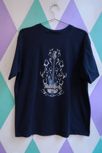 Load image into Gallery viewer, Men's navy graphic T-shirt by Elektra Vintage featuring a vintage Y2K Hard Rock Cafe Florence guitar logo design.

