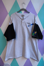 Load image into Gallery viewer, Gray men's Henley T-shirt by Elektra Vintage featuring vintage ChinaStar Launch Team and Lockheed Martin Space satellite design.
