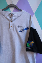 Load image into Gallery viewer, Gray men's Henley T-shirt featuring Vintage ChinaStar Launch Team Lockheed Martin Space Satellite graphic by Elektra Vintage.

