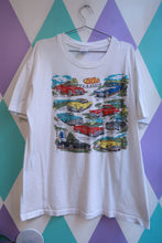 Load image into Gallery viewer, White men's vintage 50s classics graphic T-shirt by Elektra Vintage featuring retro car illustrations and a classic automobile design.

