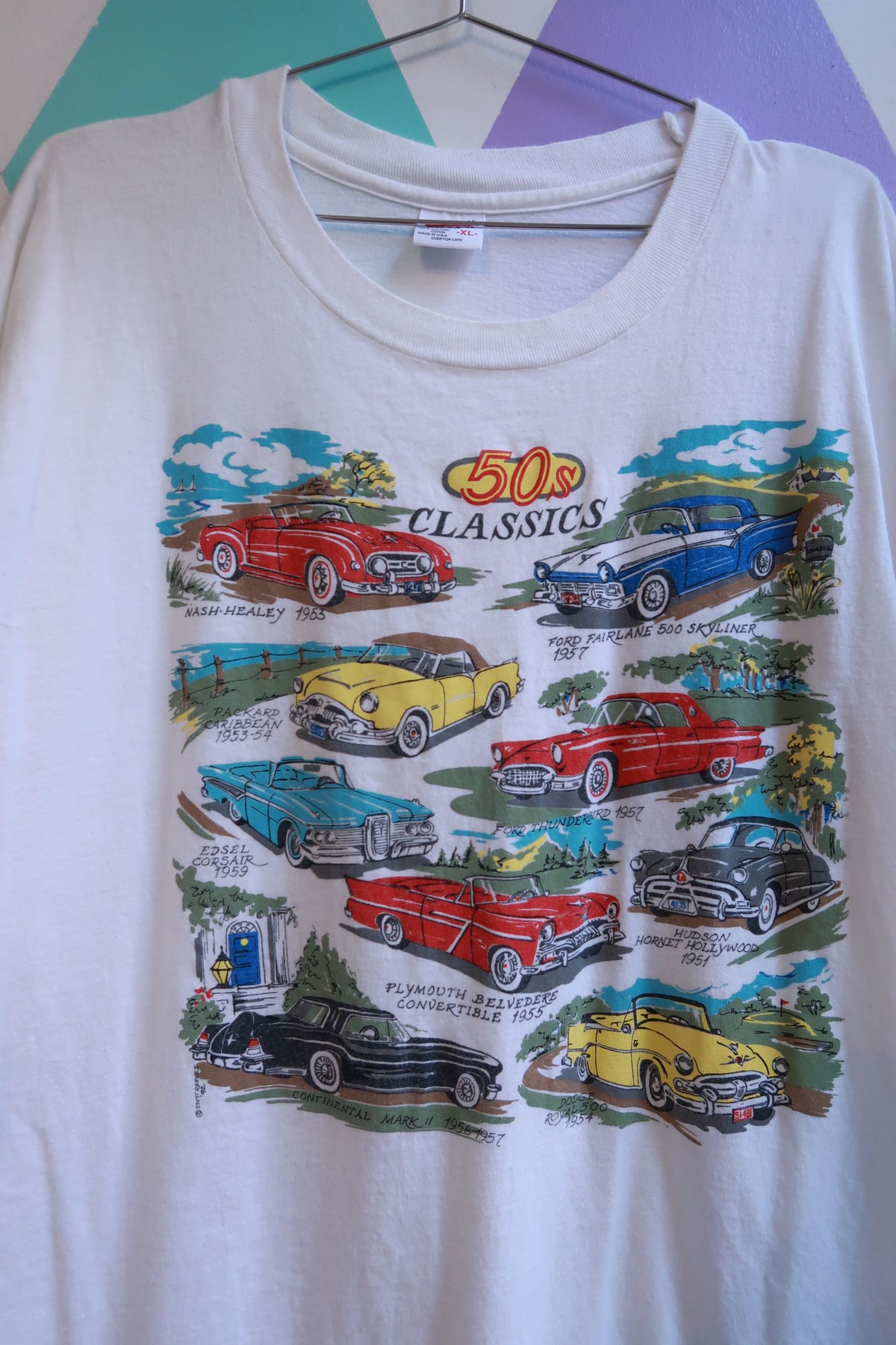 White men's graphic T-shirt by Elektra Vintage featuring vintage 50s classic cars design, casual automobile-themed top.