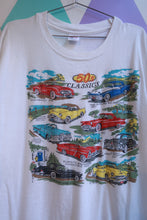 Load image into Gallery viewer, White men's graphic T-shirt by Elektra Vintage featuring vintage 50s classic cars design, casual automobile-themed top.
