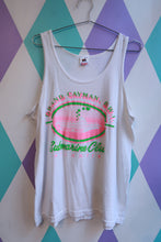 Load image into Gallery viewer, White men's vintage tank top by Elektra Vintage featuring a Grand Cayman B.W.I. Atlantis submarine cruise graphic design.
