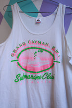 Load image into Gallery viewer, Elektra Vintage men's white tank top featuring a vintage Grand Cayman B.W.I. Atlantis Submarine Cruise graphic print.
