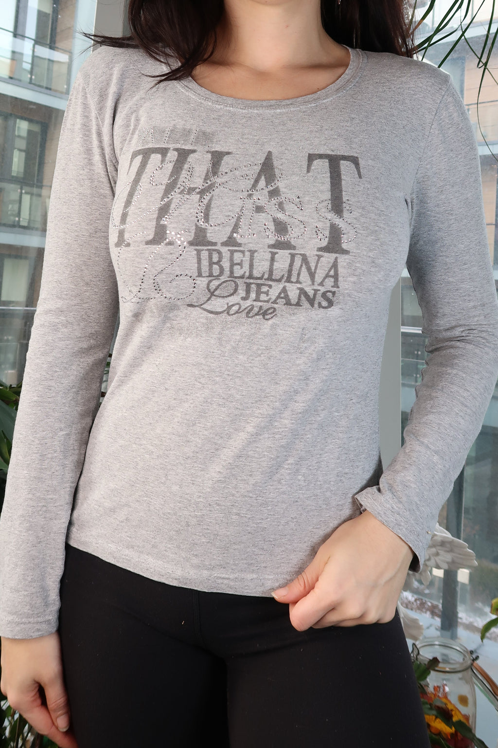 Gray Fitted Rhinestone Graphic Long sleeve by Miss Ribellina