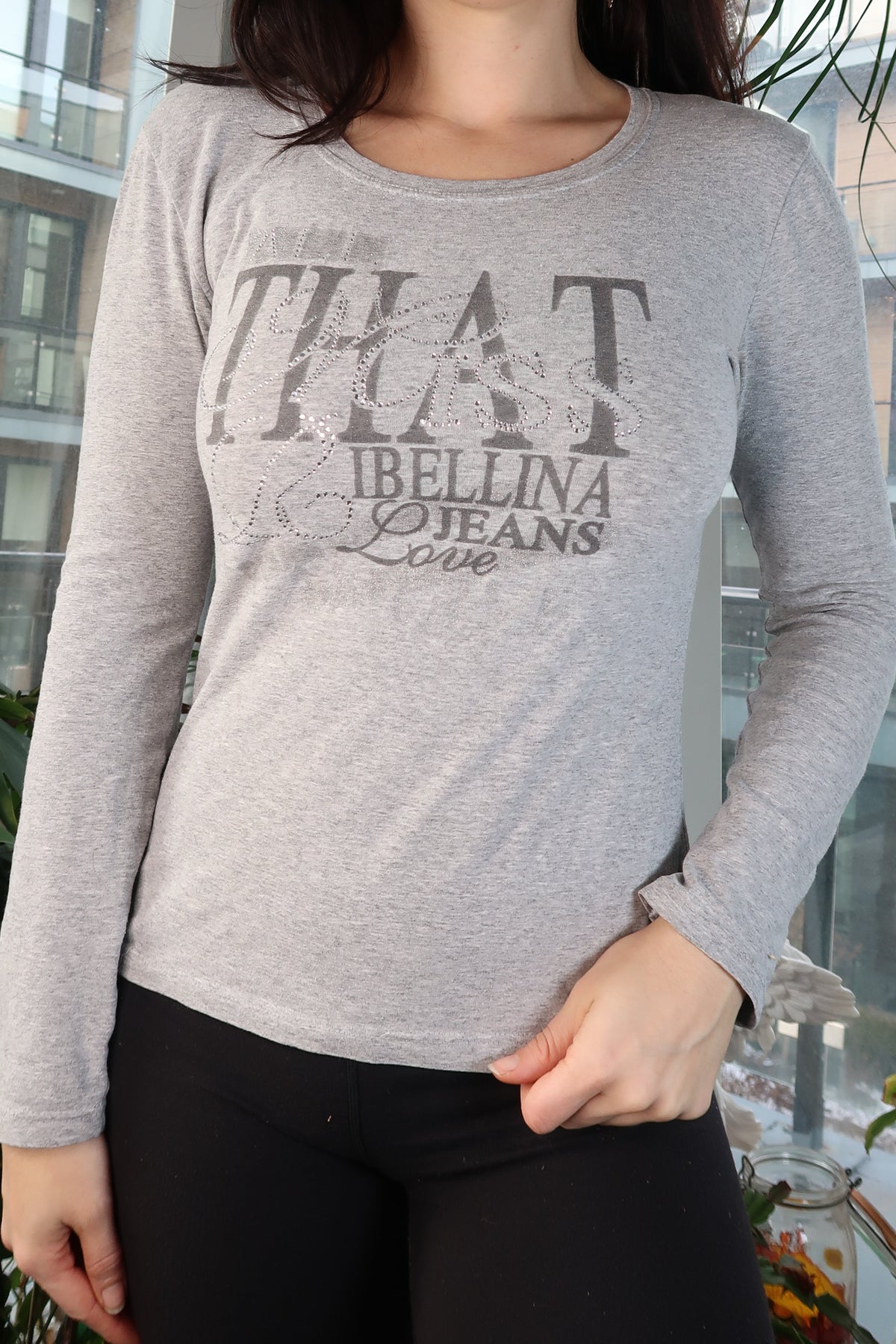 Gray Fitted Rhinestone Graphic Long sleeve by Miss Ribellina