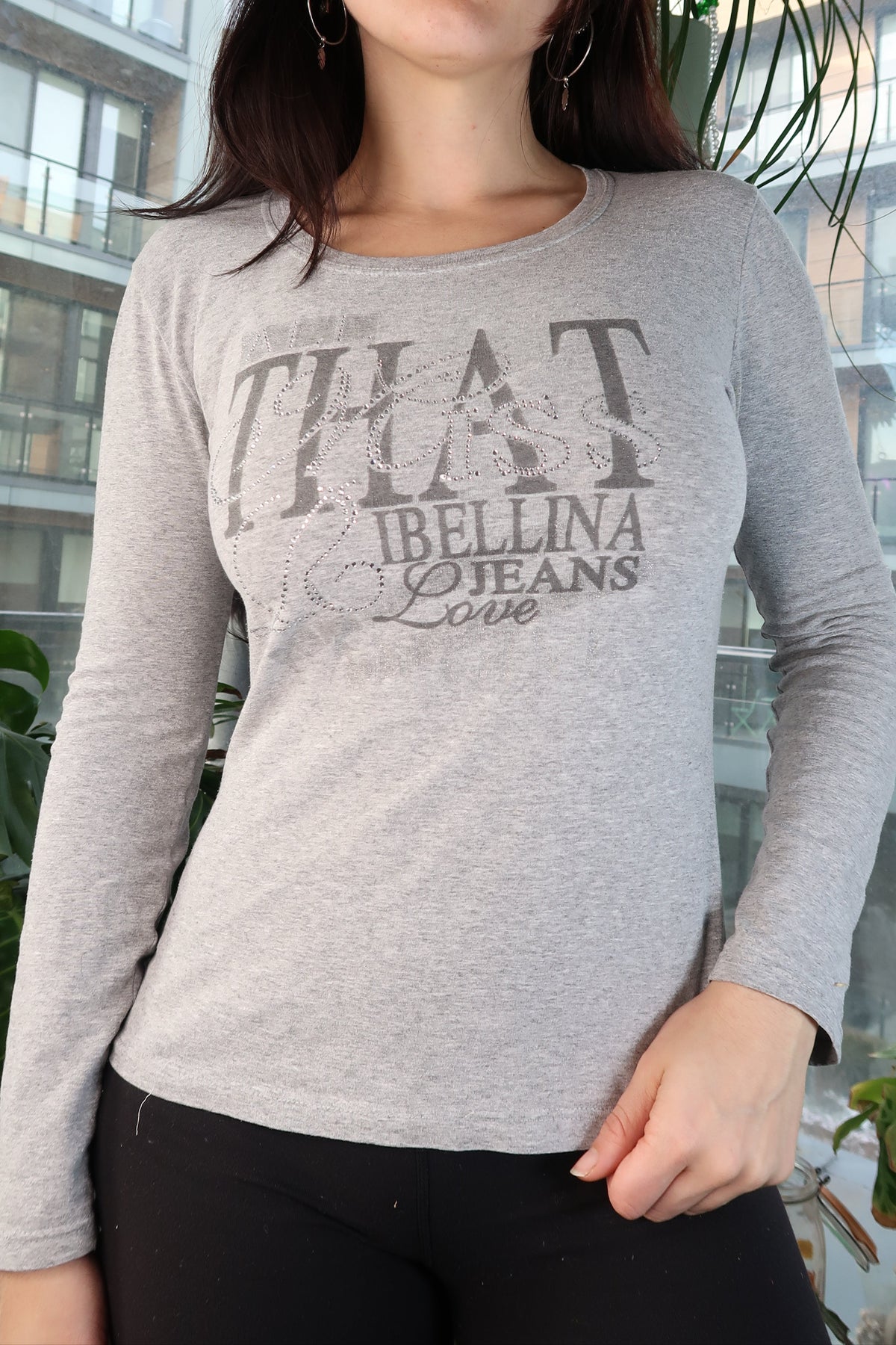 Gray Fitted Rhinestone Graphic Long sleeve by Miss Ribellina