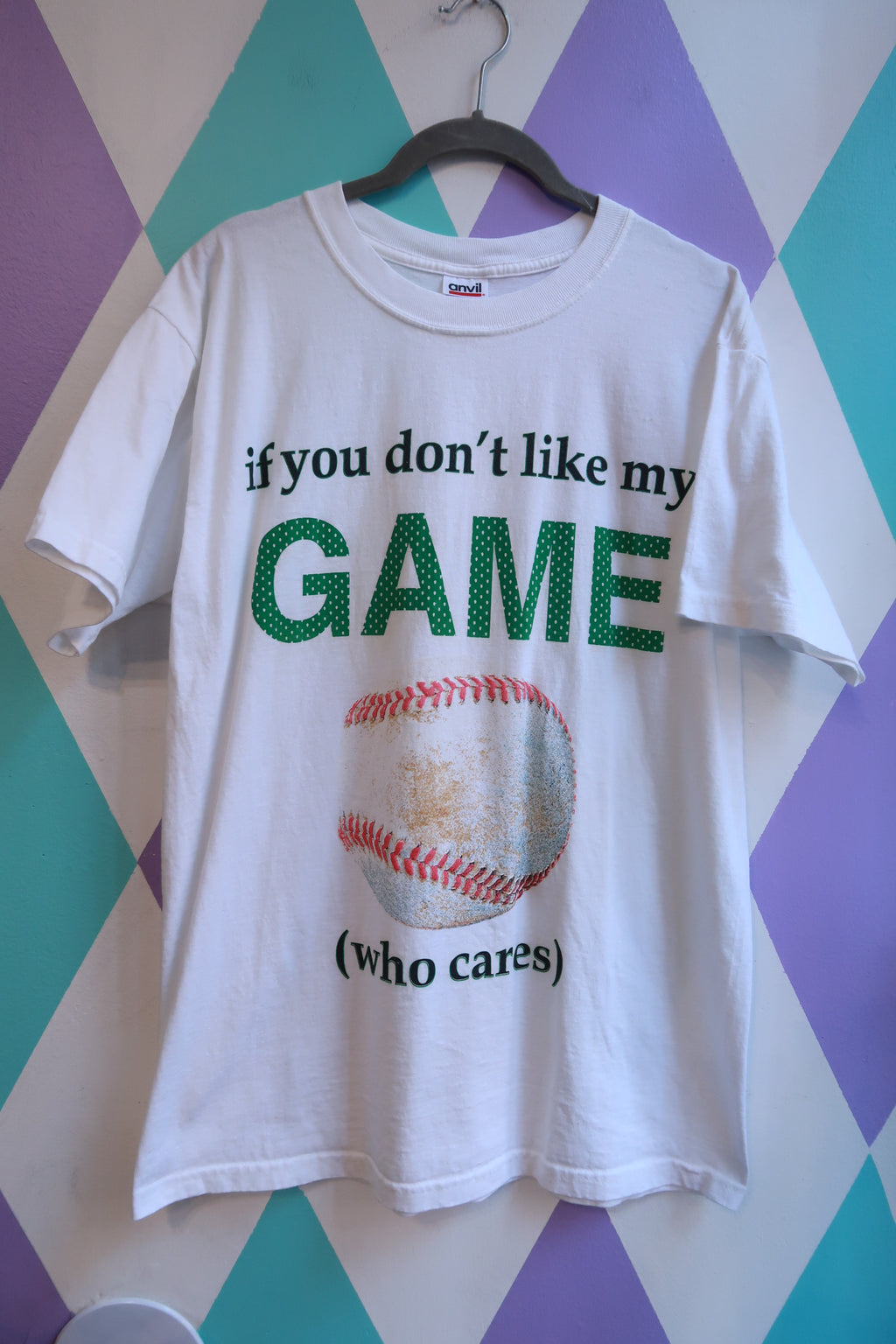 White vintage men's baseball t-shirt with graphic print saying "If You Don't Like My Game Who Cares" by Elektra Vintage