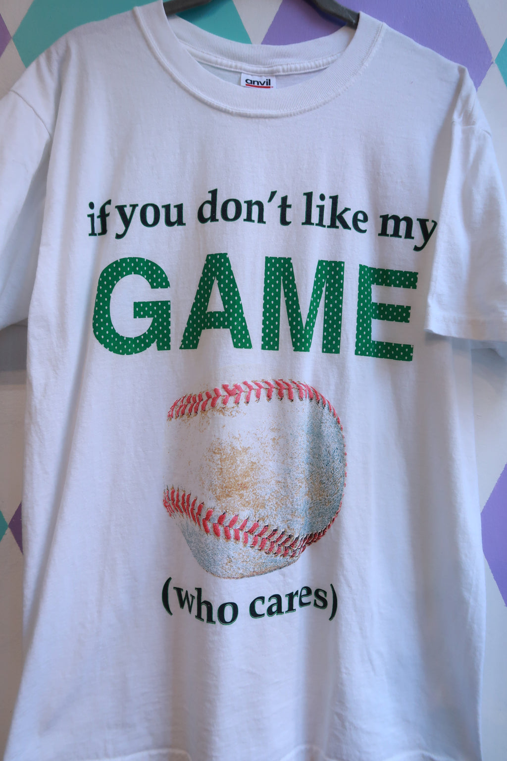 White men's vintage baseball graphic T-shirt by Elektra Vintage with "If You Don't Like My Game Who Cares" design.