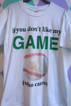 Load image into Gallery viewer, White men's vintage baseball graphic T-shirt by Elektra Vintage with "If You Don't Like My Game Who Cares" design.
