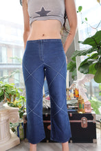 Load image into Gallery viewer, Y2K Dark Wash Denim Kick Flare Jeans with Criss Cross Piping
