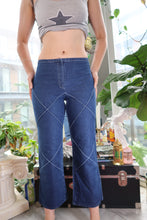 Load image into Gallery viewer, Y2K Dark Wash Denim Kick Flare Jeans with Criss Cross Piping
