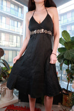 Load image into Gallery viewer, Vintage 2000s black halter dress with beaded embellishments and empire waist by Elektra Vintage, perfect for parties.
