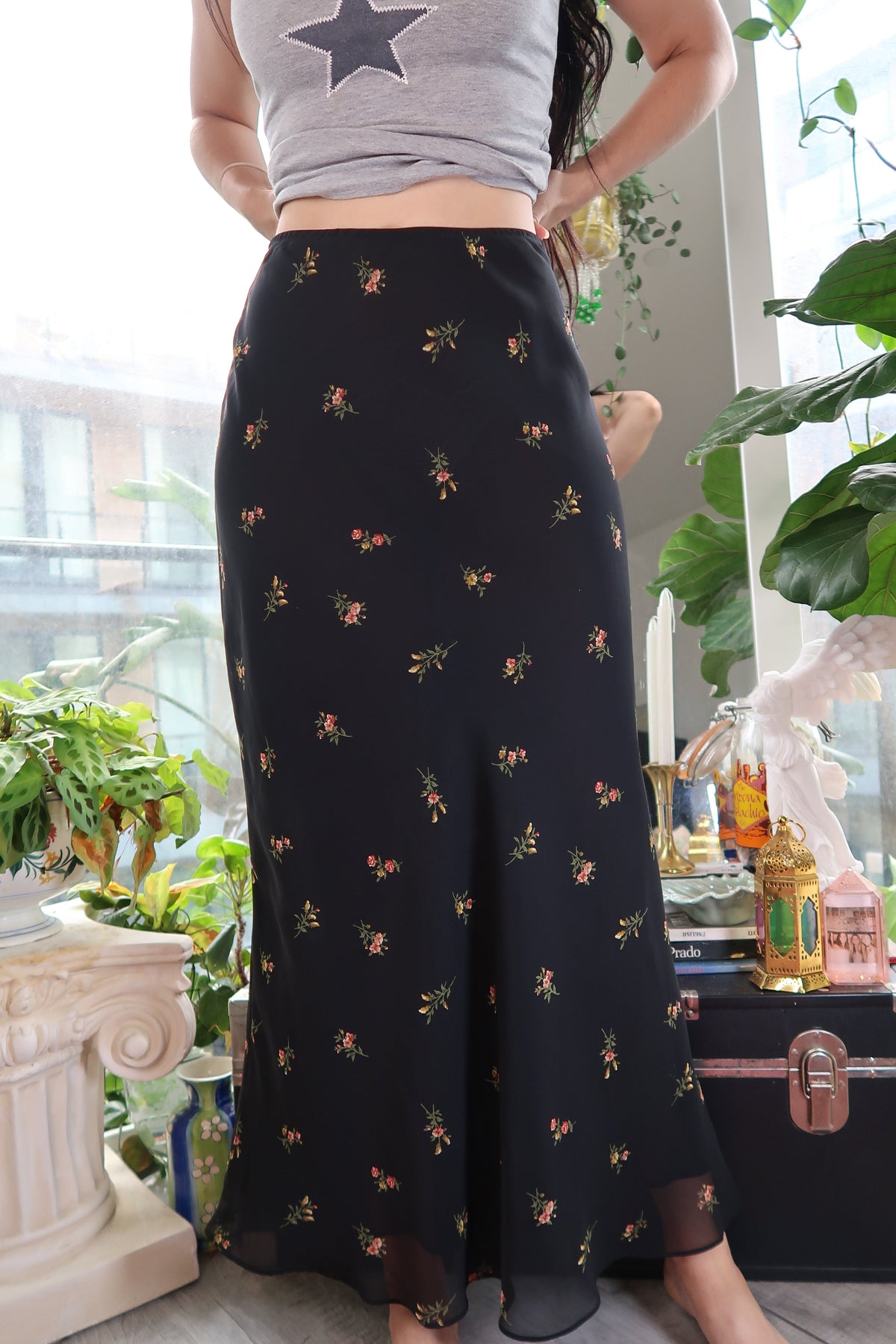 Vintage 2000s Express Black Floral Maxi Skirt