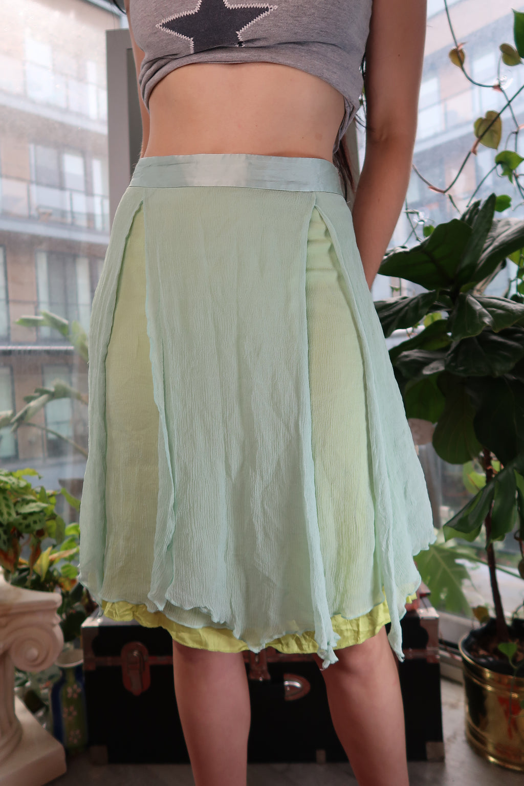 Vintage Free People 100% Silk Layered Skirt – Pastel Mint & Lime Green