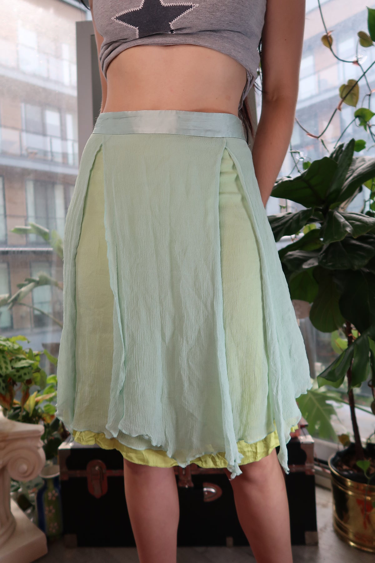 Vintage Free People 100% Silk Layered Skirt – Pastel Mint & Lime Green