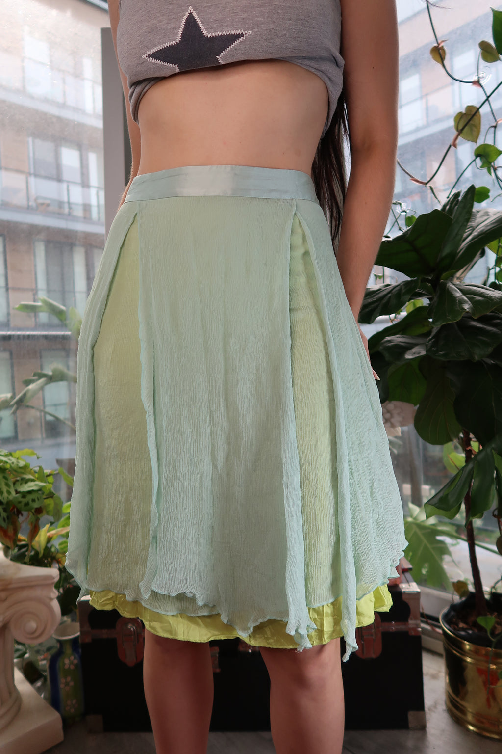 Vintage Free People 100% Silk Layered Skirt – Pastel Mint & Lime Green