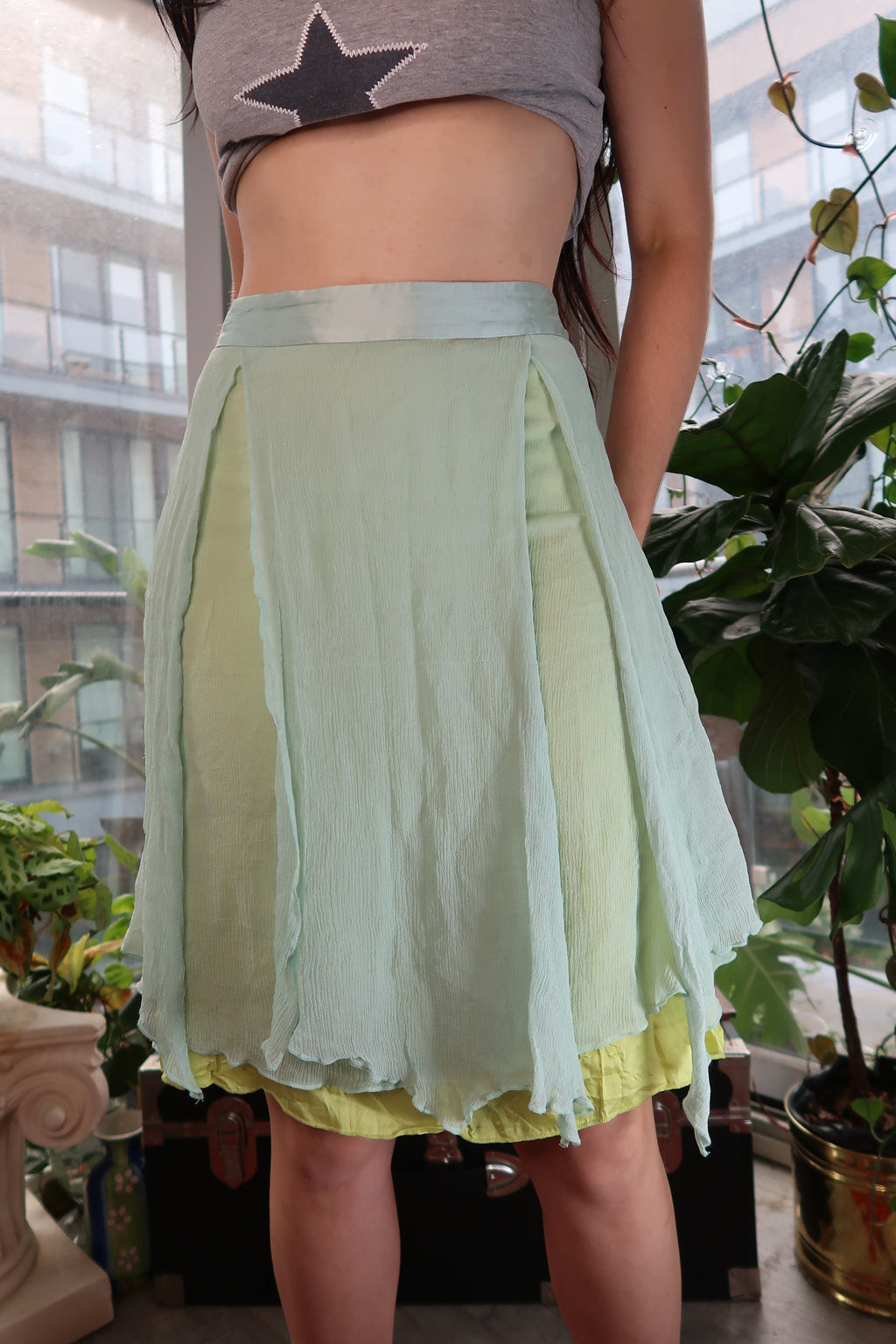 Vintage Free People 100% Silk Layered Skirt – Pastel Mint & Lime Green