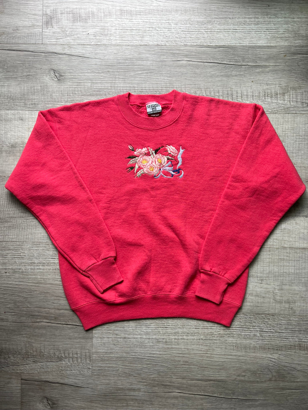 90s Vintage Pink Flower Embroidered Graphic Crewneck Sweater