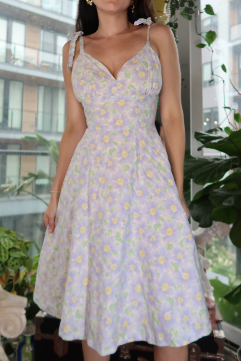 Vintage Handmade Lilac Floral Midi Dress – Tie Shoulder Sundress
