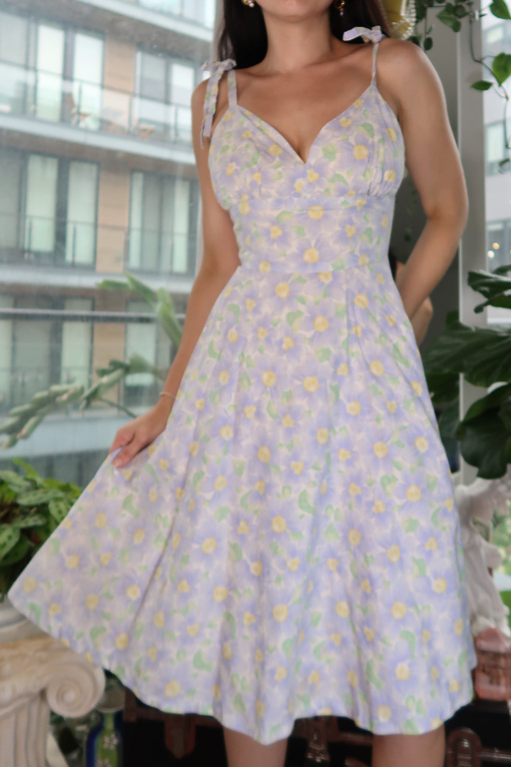 Vintage Handmade Lilac Floral Midi Dress – Tie Shoulder Sundress