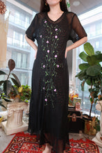 Load image into Gallery viewer, Vintage sheer black embroidered floral maxi dress with a romantic boho overlay, showcasing intricate floral details.

