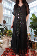 Load image into Gallery viewer, Vintage sheer black embroidered floral maxi dress by Elektra Vintage with a romantic boho sheer overlay.
