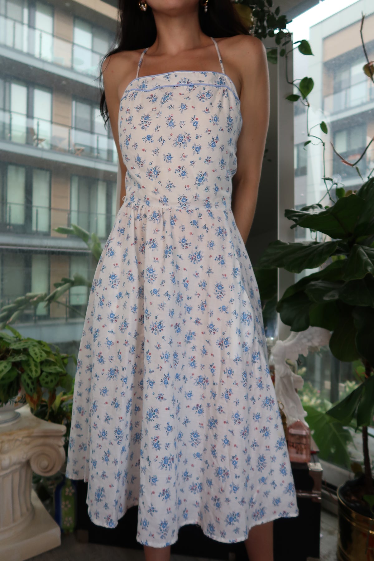 1970s Vintage Blue Floral Midi Sundress – Cottagecore Prairie Style