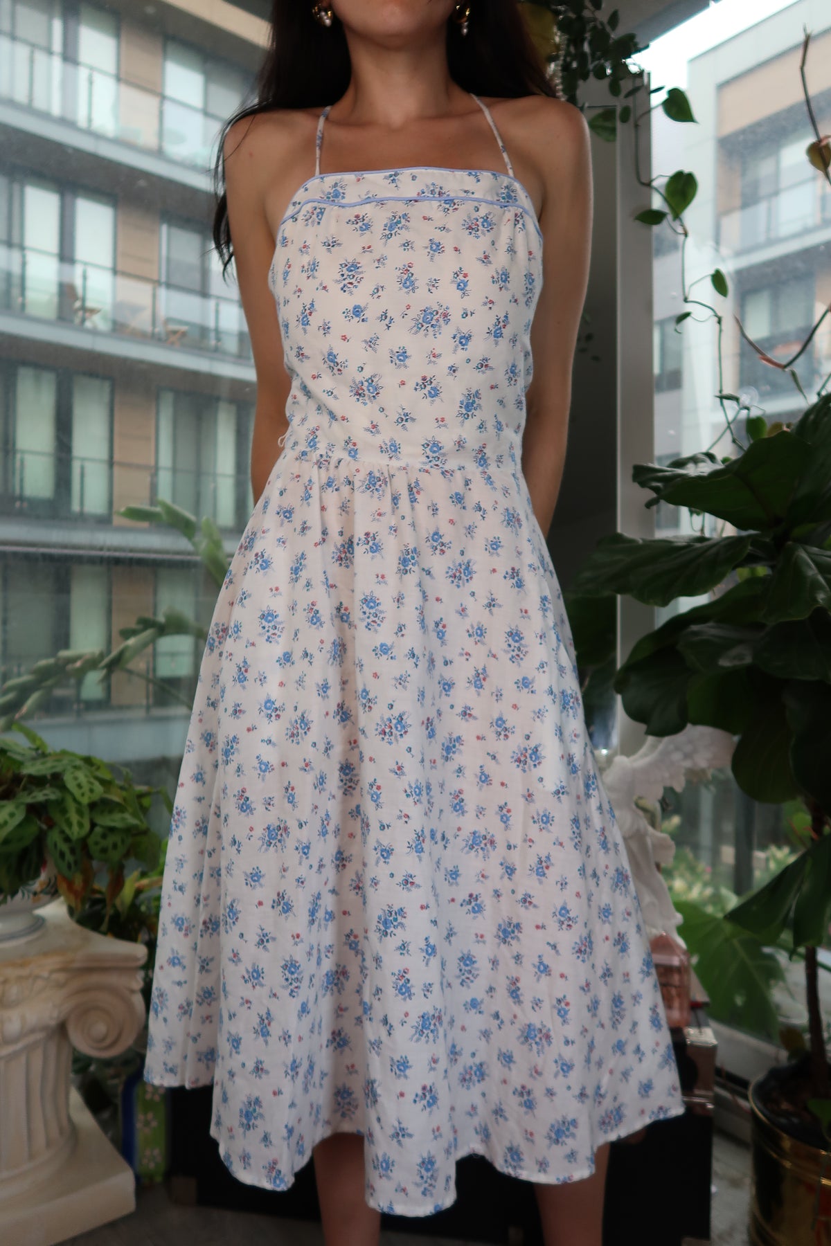 1970s Vintage Blue Floral Midi Sundress – Cottagecore Prairie Style