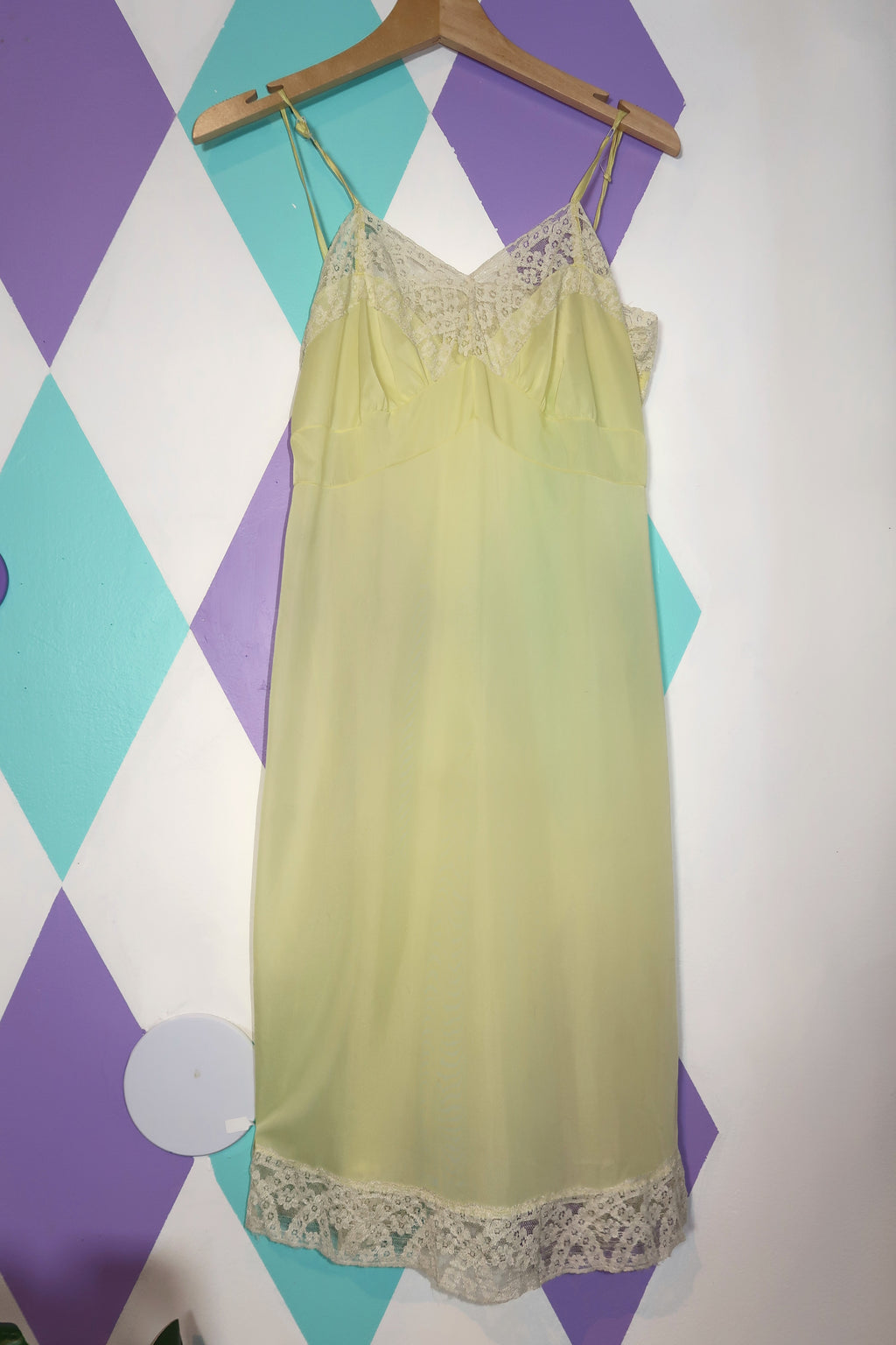 Vintage Pale Yellow Slip Dress with Lace Trim