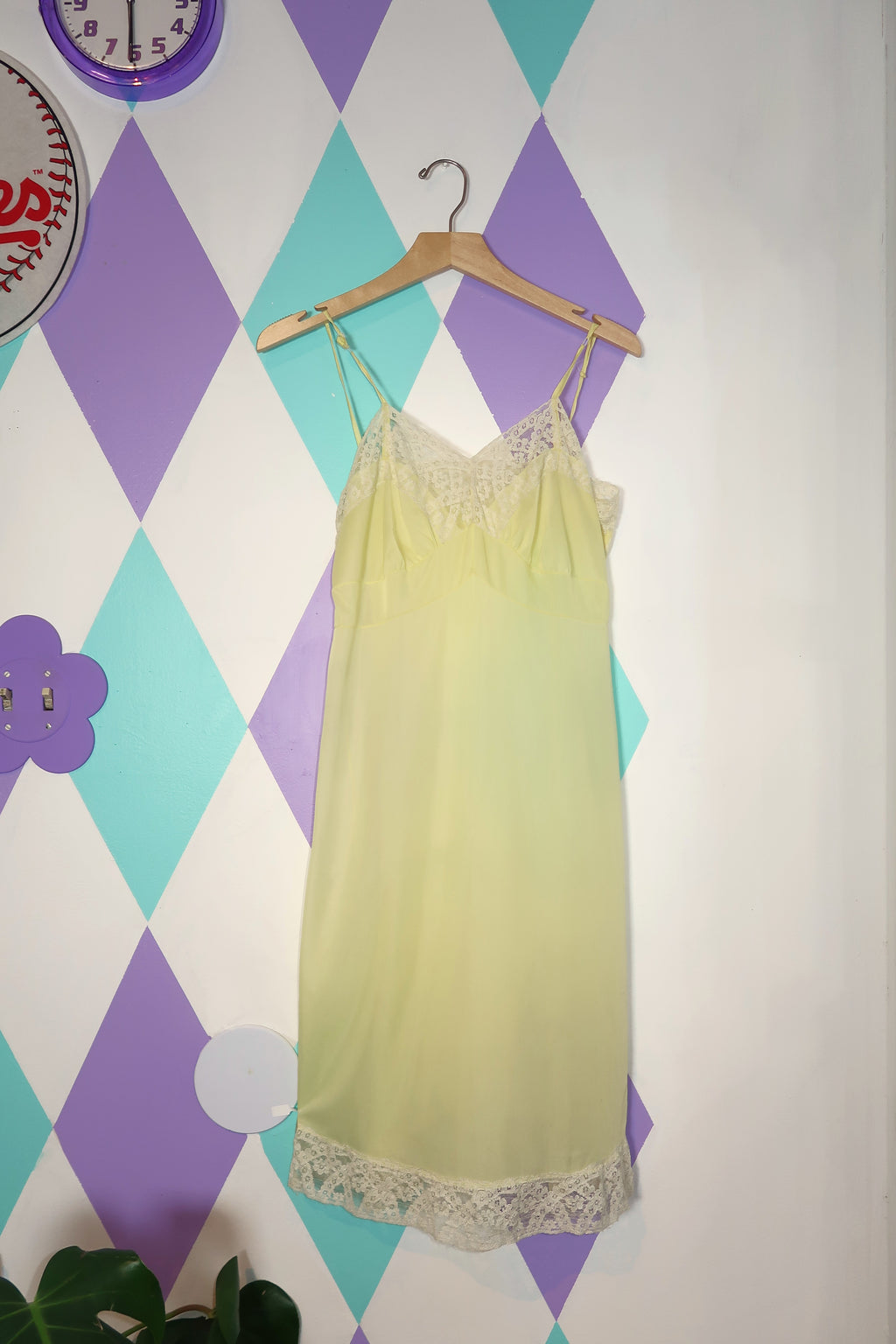Vintage Pale Yellow Slip Dress with Lace Trim