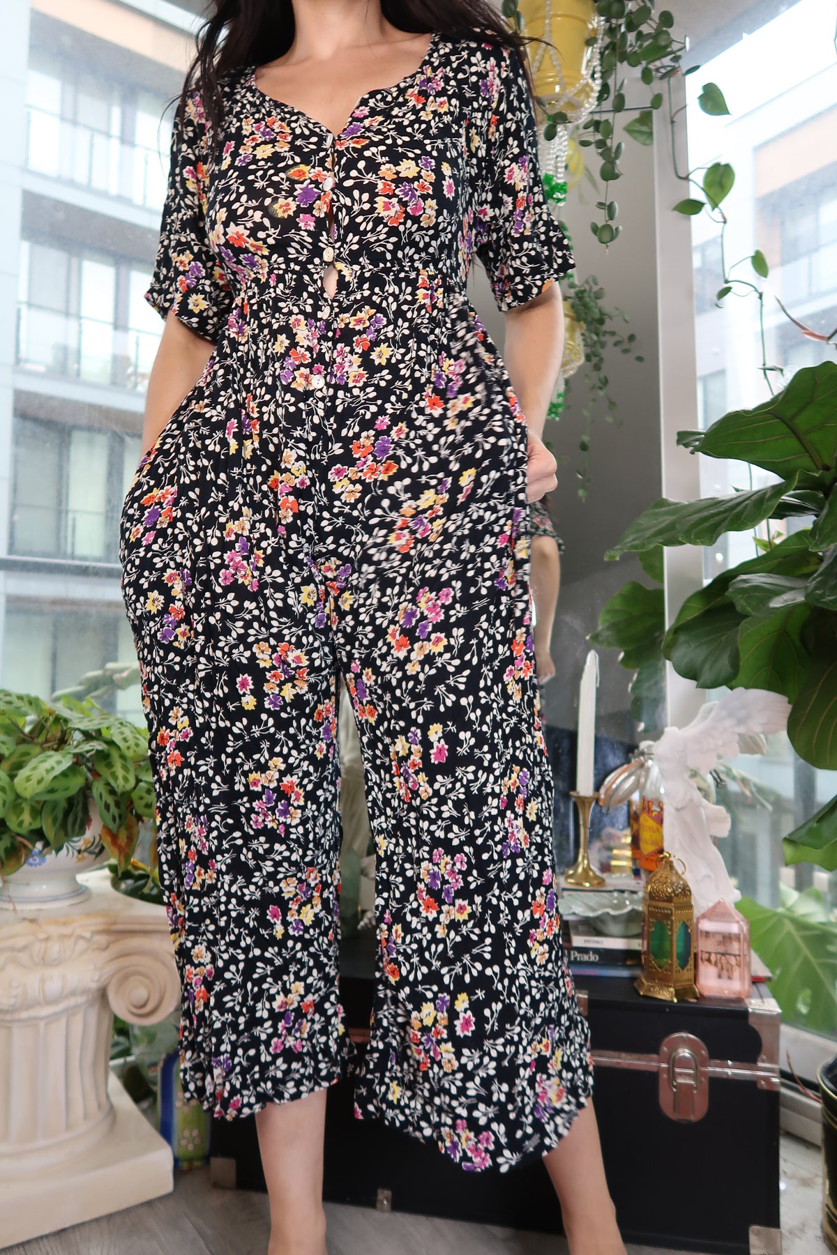 Vintage 90s Black Floral Wide Leg Jumpsuit